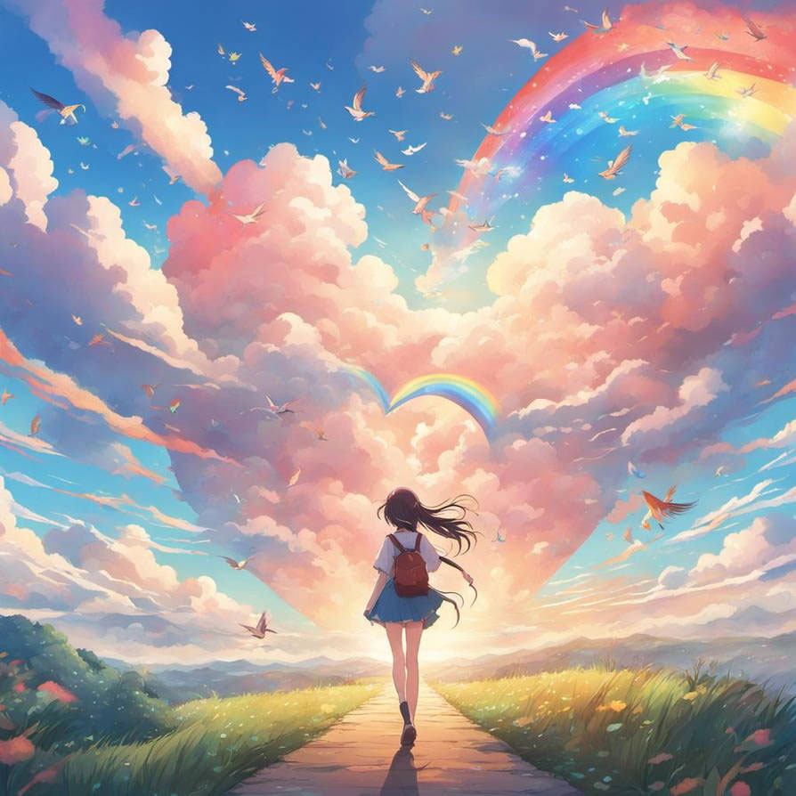 Girl walking under a heart shaped cloud